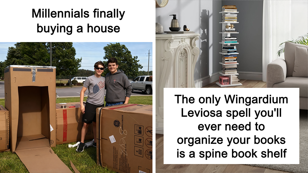 Two young men standing by large cardboard boxes outside and a modern spine bookshelf organizing books indoors.