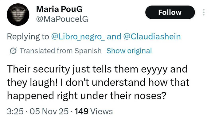 Tweet discussing security lapses as a man kisses and fondles Mexican president while she speaks to crowd. Tweet discussing security lapses as a man kisses and fondles Mexican president while she speaks to crowd.