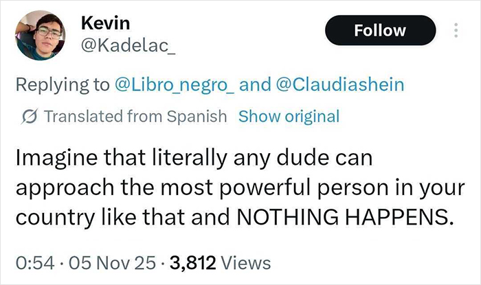 Tweet screenshot showing a comment on how any man can kiss and fondle the Mexican president without consequences. Tweet screenshot showing a comment on how any man can kiss and fondle the Mexican president without consequences.