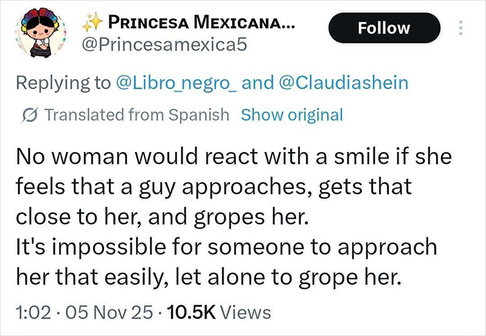 Tweet discussing the reality for a lot of women about men kissing and fondling the Mexican president while she's speaking. Tweet discussing the reality for a lot of women about men kissing and fondling the Mexican president while she's speaking.