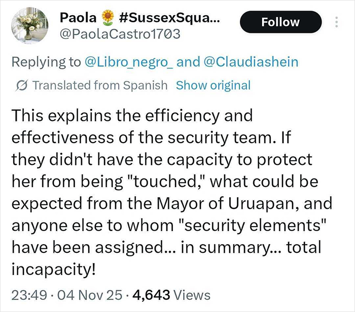 Tweet criticizing security team's failure to protect Mexican president from unwanted touching during public speech Tweet criticizing security team's failure to protect Mexican president from unwanted touching during public speech