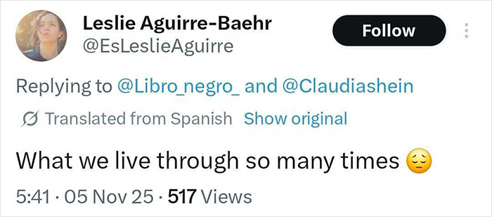 Tweet by Leslie Aguirre-Baehr reflecting on the reality for a lot of women with a sad emoji. Tweet by Leslie Aguirre-Baehr reflecting on the reality for a lot of women with a sad emoji.
