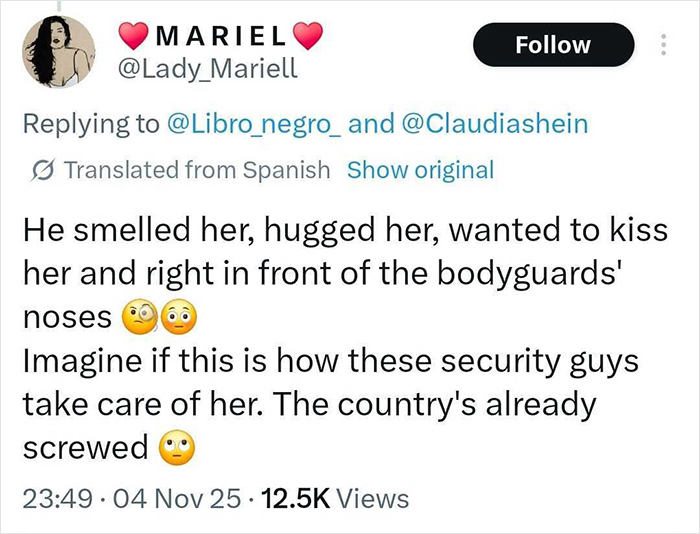 Tweet criticizing man who kisses and fondles Mexican president while she speaks, highlighting reality for many women. Tweet criticizing man who kisses and fondles Mexican president while she speaks, highlighting reality for many women.