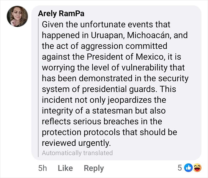 Comment discussing security breach and vulnerability involving Mexican president amid aggression in Uruapan, Michoacán incident. Comment discussing security breach and vulnerability involving Mexican president amid aggression in Uruapan, Michoacán incident.