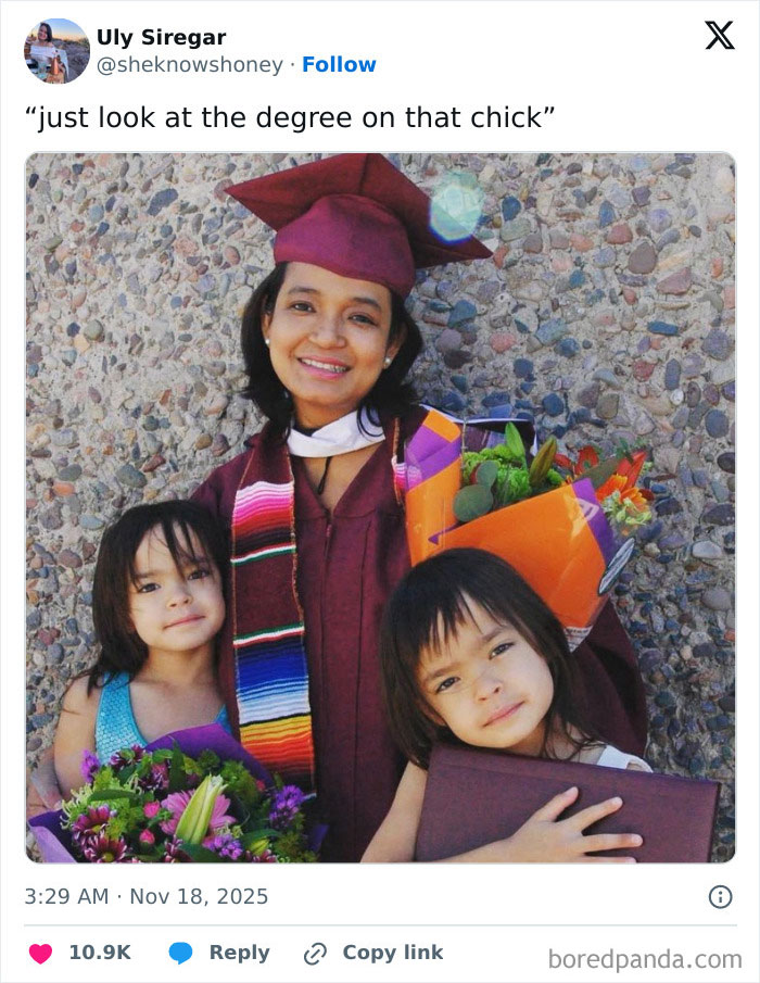 Woman in graduation cap and gown holding flowers and diploma, celebrating her PhD achievement with two children. Woman in graduation cap and gown holding flowers and diploma, celebrating her PhD achievement with two children.