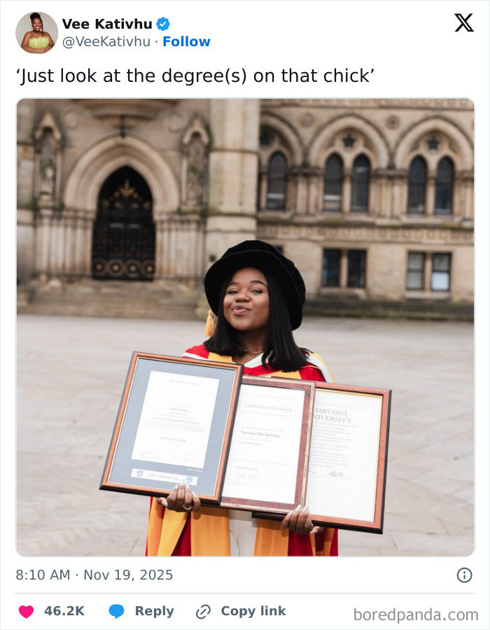 Woman proudly holding multiple framed PhD degrees outside historic university celebrating women's success. Woman proudly holding multiple framed PhD degrees outside historic university celebrating women's success.