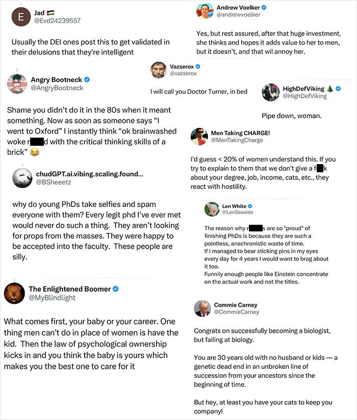 Screenshot of Twitter replies roasting a man who bashed a woman’s PhD, celebrating women’s success online. Screenshot of Twitter replies roasting a man who bashed a woman’s PhD, celebrating women’s success online.