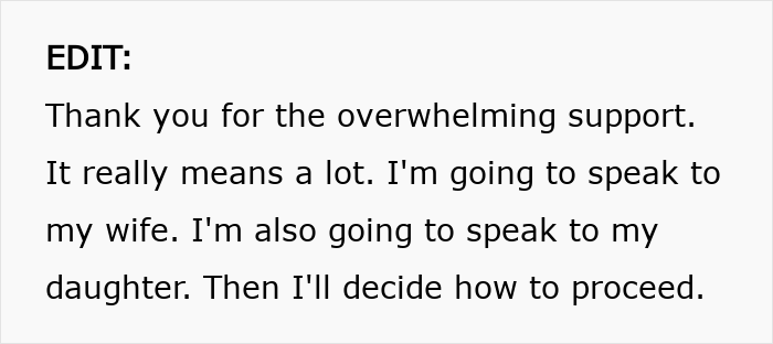 Text showing a man expressing gratitude and planning to speak with his wife and daughter before deciding how to proceed.