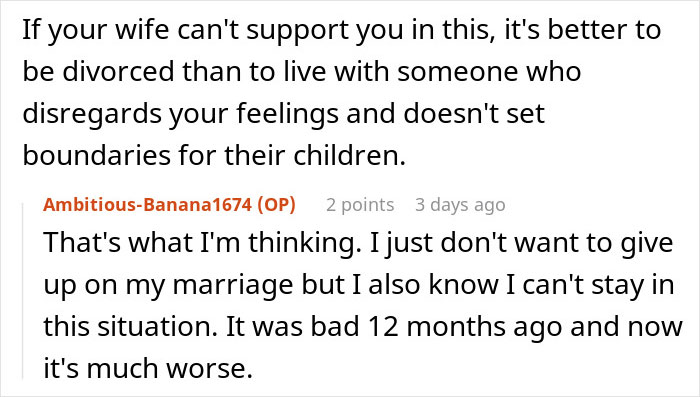 Screenshot of a Reddit comment discussing enduring a teen’s rude attitude and considering leaving family due to worsening marriage issues.