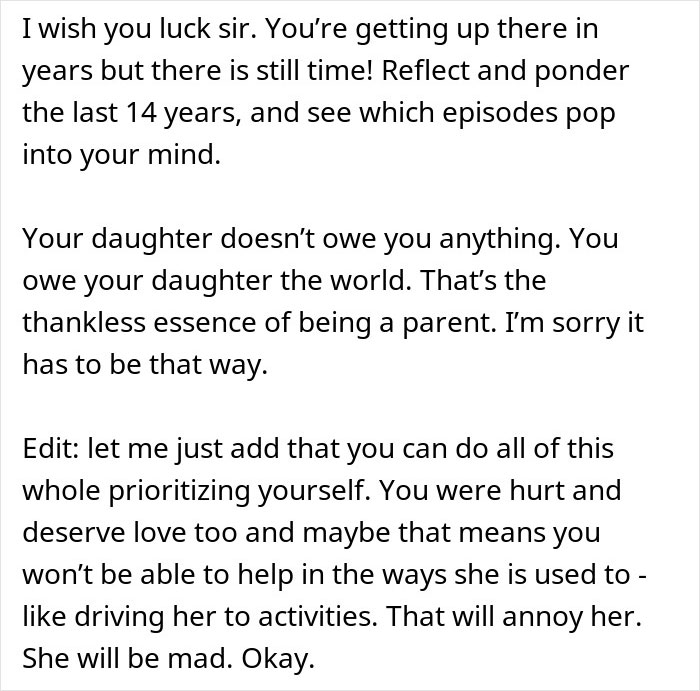 Text advising a man to reflect on years with his teen’s rude attitude, focusing on parenting and self-prioritizing.
