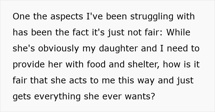 Text showing a man expressing frustration over his teen daughter’s rude attitude despite providing food and shelter.