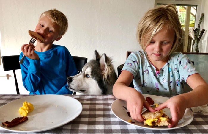 Two kids eating breakfast at a table with a dog, illustrating family dynamics in trad wife sis and bro conflict.