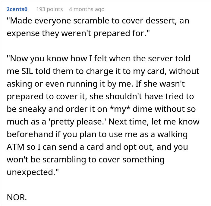 Screenshot of a Reddit conversation about a rich man refusing to pay for a cake his sister-in-law secretly ordered. Screenshot of a Reddit conversation about a rich man refusing to pay for a cake his sister-in-law secretly ordered.