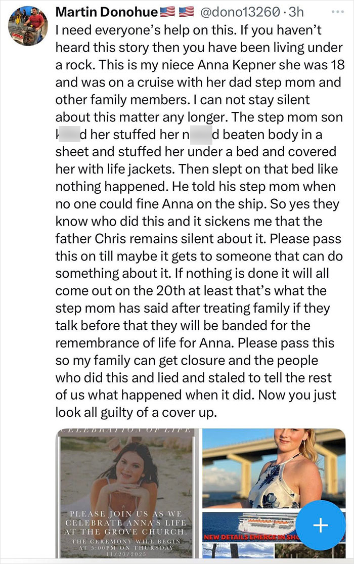 Tweet discussing stepsibling under investigation after teen's body found stuffed under bed on Carnival Cruise ship. Tweet discussing stepsibling under investigation after teen's body found stuffed under bed on Carnival Cruise ship.