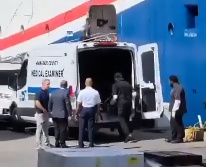 Medical examiners at a cruise port investigating the case of the father of teen slain on cruise and alleged affair with babysitter. Medical examiners at a cruise port investigating the case of the father of teen slain on cruise and alleged affair with babysitter.