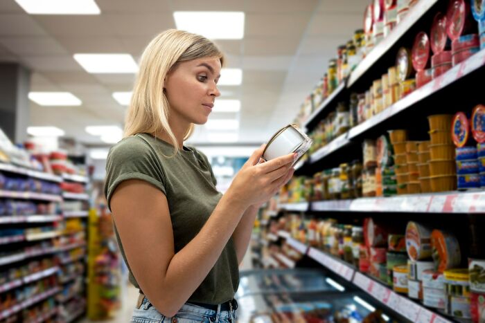 Woman reading a label on a can in a grocery store aisle, reflecting on compulsory things being optional in life.