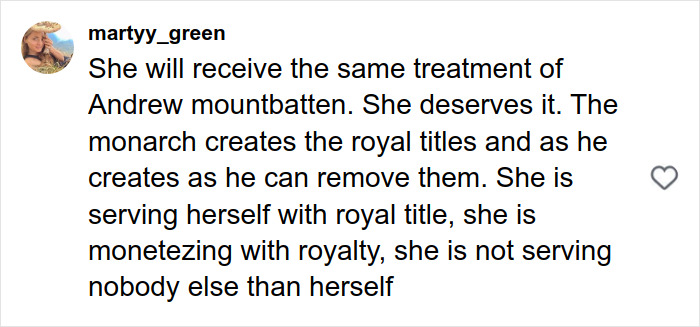 Social media comment discussing Meghan Markle's Harper’s Bazaar moment and royal titles controversy. Social media comment discussing Meghan Markle's Harper’s Bazaar moment and royal titles controversy.
