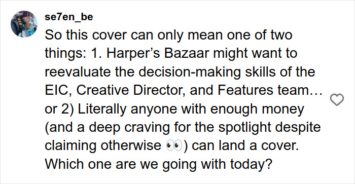 User comment criticizing Harper’s Bazaar’s decision to feature Meghan Markle, sparking online reactions.