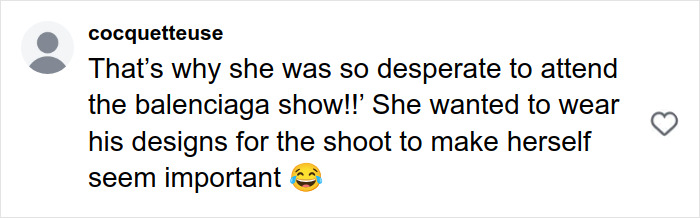 Comment on Meghan Markle's Harper’s Bazaar moment, discussing Balenciaga show and fashion choices with a laughing emoji.