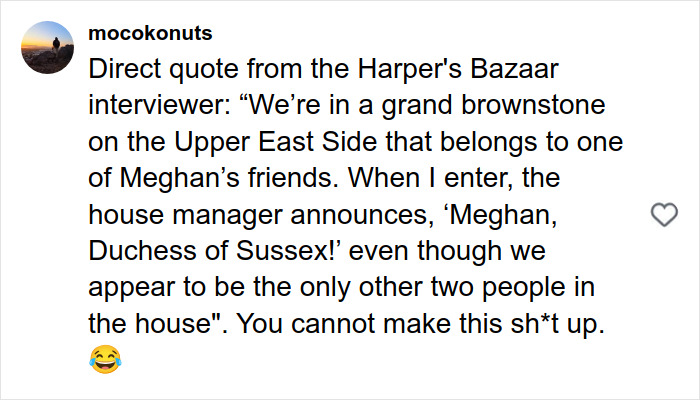 Text post about Meghan Markle's Harper’s Bazaar moment causing a social media meltdown with direct quotes. Text post about Meghan Markle's Harper’s Bazaar moment causing a social media meltdown with direct quotes.