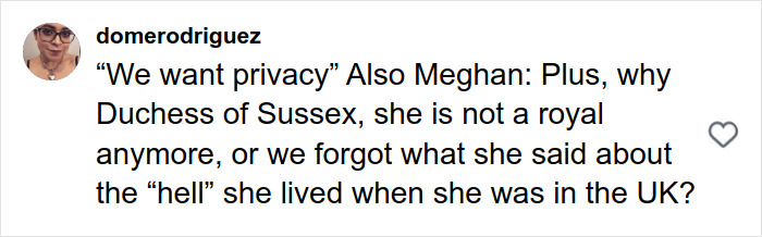 User comment discussing Meghan Markle’s privacy and royal status in a social media post about her Harper’s Bazaar moment.