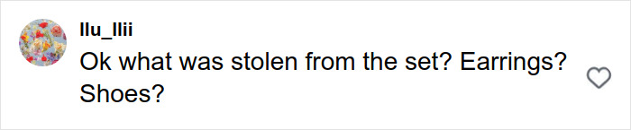 Comment asking about stolen items from a set, questioning if earrings or shoes were taken, posted by user Ilu_lIii. Comment asking about stolen items from a set, questioning if earrings or shoes were taken, posted by user Ilu_lIii.