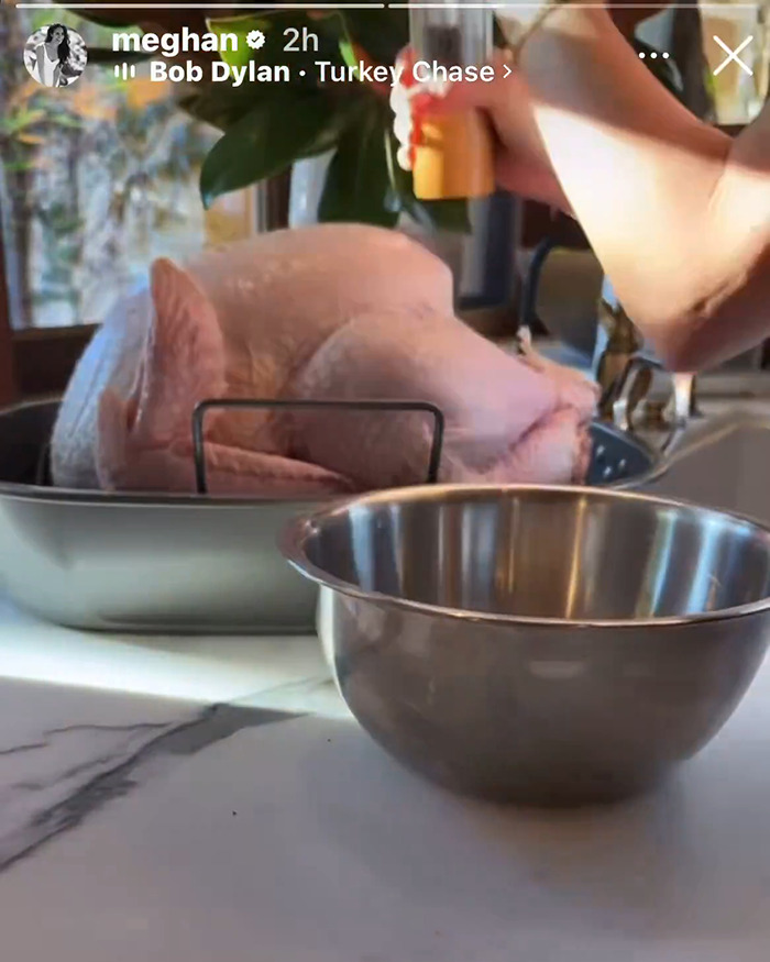 Raw Thanksgiving turkey in a roasting pan on kitchen counter with a person seasoning it for holiday meal preparation.