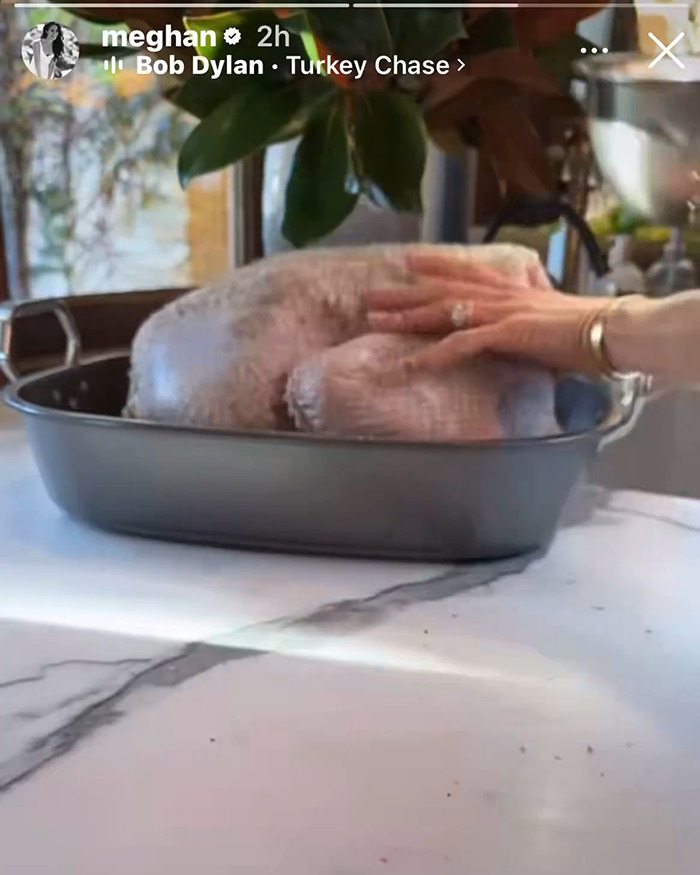 Raw Thanksgiving turkey in a roasting pan with a hand touching the bird, related to Meghan Markle turkey faux pas. Raw Thanksgiving turkey in a roasting pan with a hand touching the bird, related to Meghan Markle turkey faux pas.