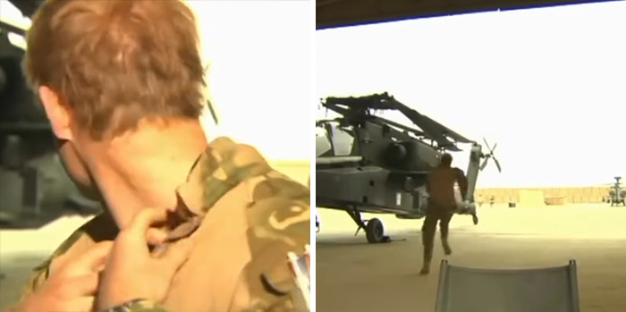 Prince Harry in military uniform near helicopters, related to Veterans Day post controversy involving Meghan Markle.