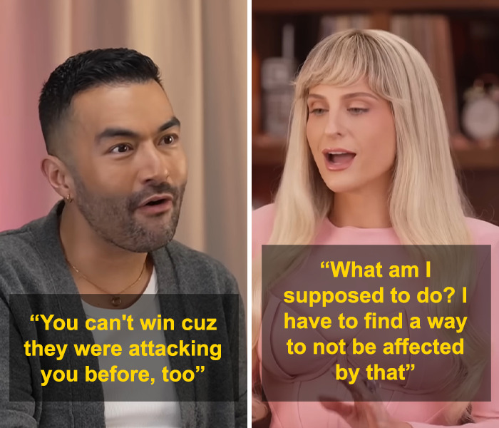 A man and a woman discussing stretch marks on your skin and responding to criticism during an interview. A man and a woman discussing stretch marks on your skin and responding to criticism during an interview.