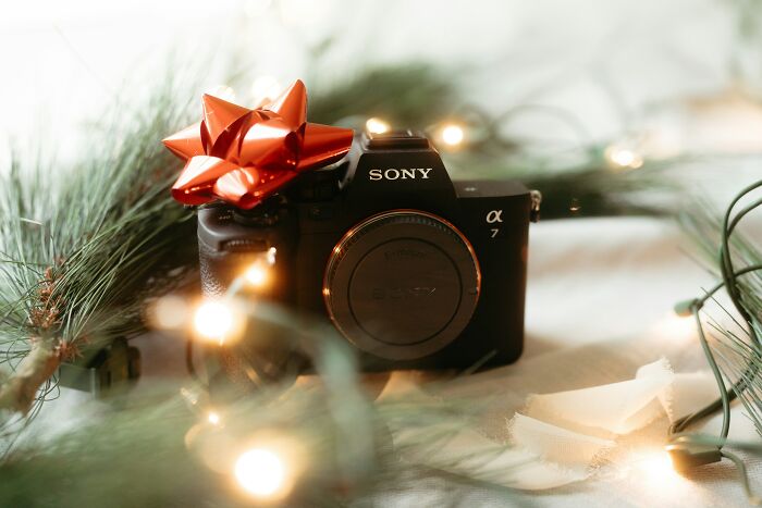 Sony Alpha camera with a red bow surrounded by Christmas lights, illustrating issues with watermark removal on holiday photos.