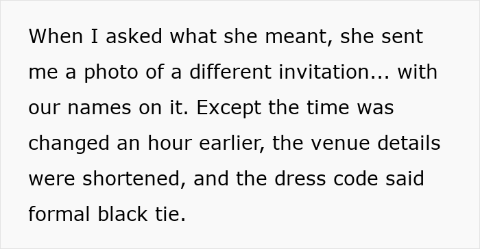 Text excerpt describing a bride shocked after MIL secretly sends altered wedding invitations to protect the family image. Text excerpt describing a bride shocked after MIL secretly sends altered wedding invitations to protect the family image.