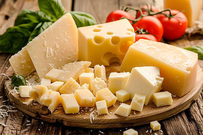 Assorted cheeses displayed on a wooden board with tomatoes and basil, illustrating a mildly disturbing fact concept.
