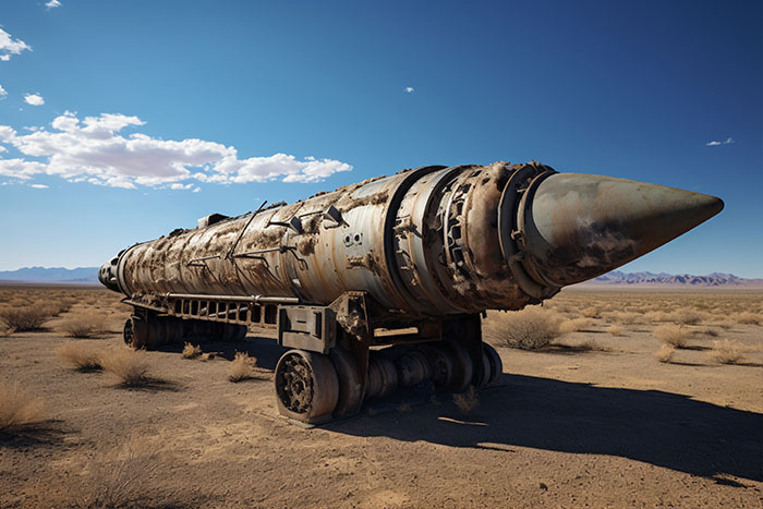 Rusty abandoned missile in desert under clear blue sky, illustrating a mildly disturbing fact about forgotten weapons.