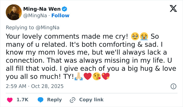 Tweet by actress Ming-Na Wen discussing emotional impact of her mom’s insults and her journey in acting. Tweet by actress Ming-Na Wen discussing emotional impact of her mom’s insults and her journey in acting.