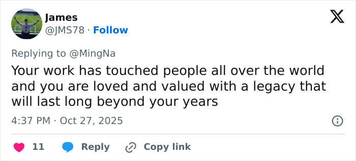 Tweet by James supporting actress Ming-Na Wen's acting career and lasting legacy in the entertainment industry. Tweet by James supporting actress Ming-Na Wen's acting career and lasting legacy in the entertainment industry.
