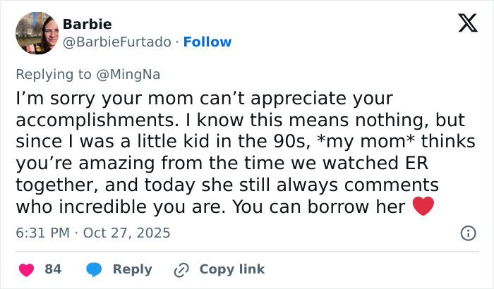 Tweet expressing support for actress Ming-Na Wen and recalling her impact since ER days despite family insults. Tweet expressing support for actress Ming-Na Wen and recalling her impact since ER days despite family insults.