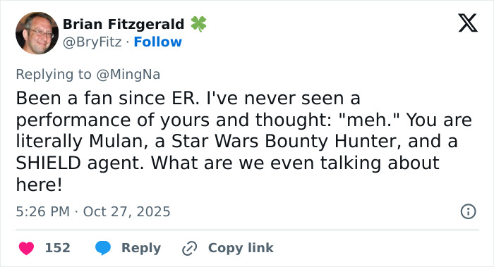 Twitter post praising actress Ming-Na Wen’s acting career, highlighting roles in ER, Mulan, Star Wars, and SHIELD. Twitter post praising actress Ming-Na Wen’s acting career, highlighting roles in ER, Mulan, Star Wars, and SHIELD.