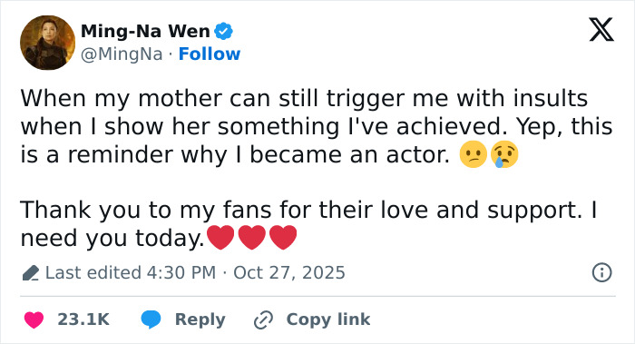 Actress Ming-Na Wen shares how her mom’s insults remind her why she became an actor, thanking fans for support. Actress Ming-Na Wen shares how her mom’s insults remind her why she became an actor, thanking fans for support.