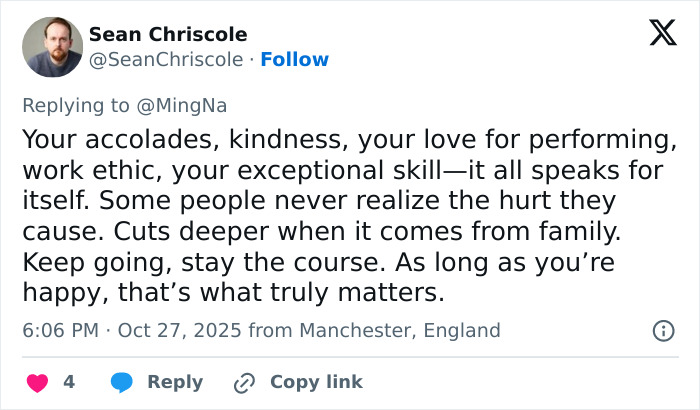 Tweet by Sean Chriscole supporting actress Ming-Na Wen, mentioning love for performing and work ethic in Manchester. Tweet by Sean Chriscole supporting actress Ming-Na Wen, mentioning love for performing and work ethic in Manchester.