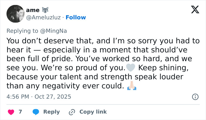 Tweet expressing support for actress Ming-Na Wen, highlighting talent and strength overcoming negativity and insults. Tweet expressing support for actress Ming-Na Wen, highlighting talent and strength overcoming negativity and insults.