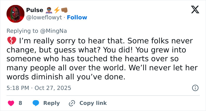 Tweet from Pulse expressing support for actress Ming-Na Wen, referencing insults and her journey as an actor. Tweet from Pulse expressing support for actress Ming-Na Wen, referencing insults and her journey as an actor.