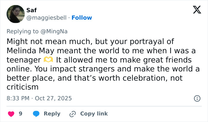 Screenshot of a tweet praising actress Ming-Na Wen for her impactful portrayal of Melinda May, inspiring a teenager. Screenshot of a tweet praising actress Ming-Na Wen for her impactful portrayal of Melinda May, inspiring a teenager.