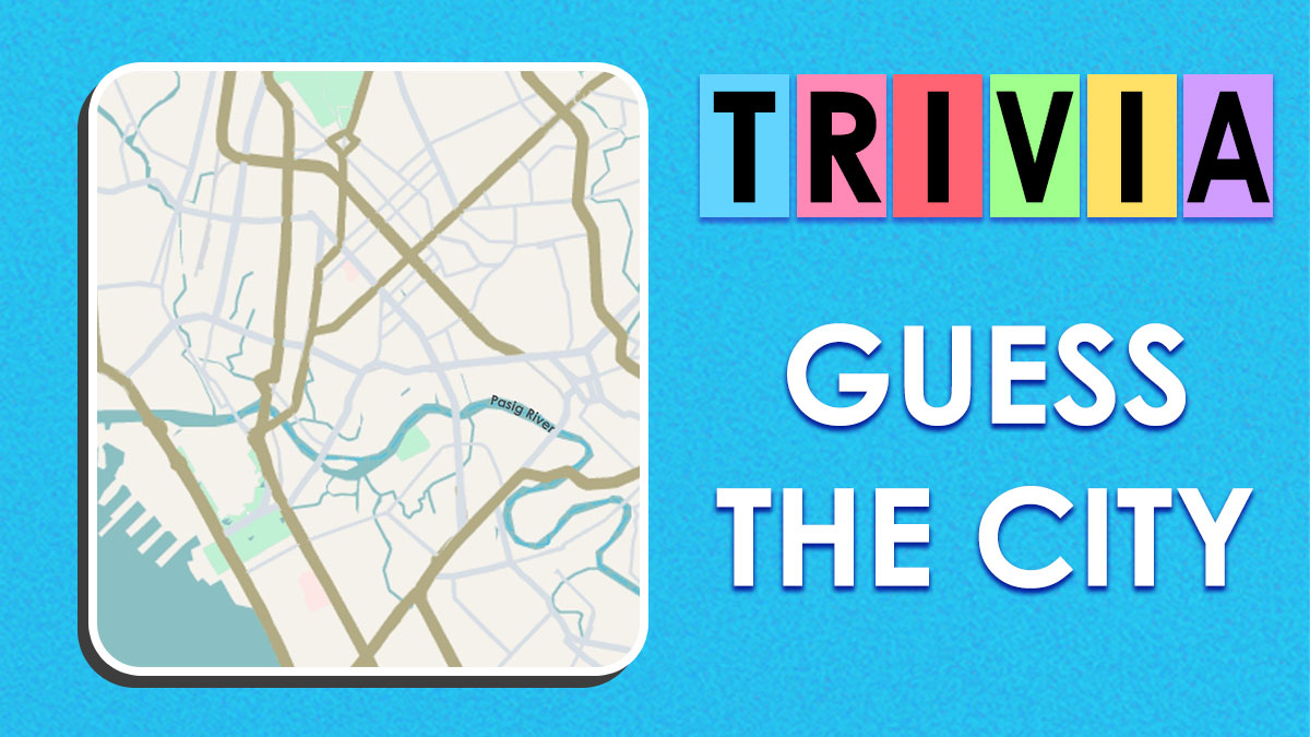 Trivia game graphic showing a city map layout and prompt to guess the city for geography and city layout challenge.