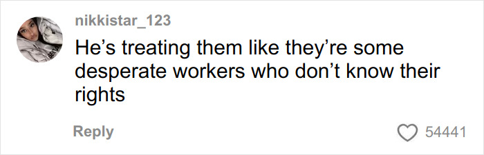 Comment on social media by user nikkistar_123 criticizing treatment of workers amid drama at Miss Universe involving Miss Mexico and VP. Comment on social media by user nikkistar_123 criticizing treatment of workers amid drama at Miss Universe involving Miss Mexico and VP.