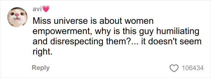Comment on Miss Universe page about women empowerment and criticism of disrespectful remarks during the event. Comment on Miss Universe page about women empowerment and criticism of disrespectful remarks during the event.