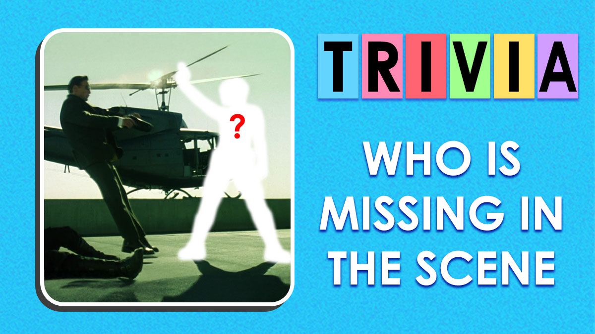 Famous movie scene with a missing character silhouette and trivia asking to identify missing characters in movies.