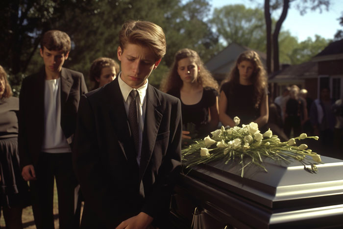 Young man in a black suit mourning beside a coffin with white flowers, reflecting on mom affair and college money issues with dad. Young man in a black suit mourning beside a coffin with white flowers, reflecting on mom affair and college money issues with dad.