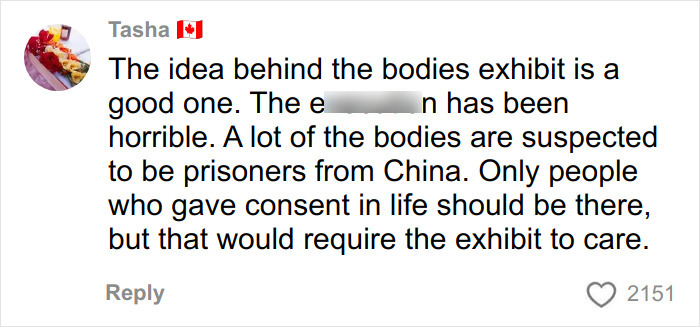 Comment discussing ethical concerns about bodies exhibit with possible prisoners and consent issues in a Las Vegas museum.