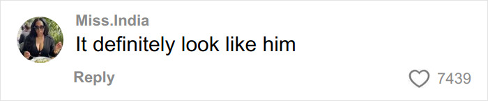 Comment saying it definitely looks like him, posted by Miss. India with 7,439 likes on a social media platform. Comment saying it definitely looks like him, posted by Miss. India with 7,439 likes on a social media platform.